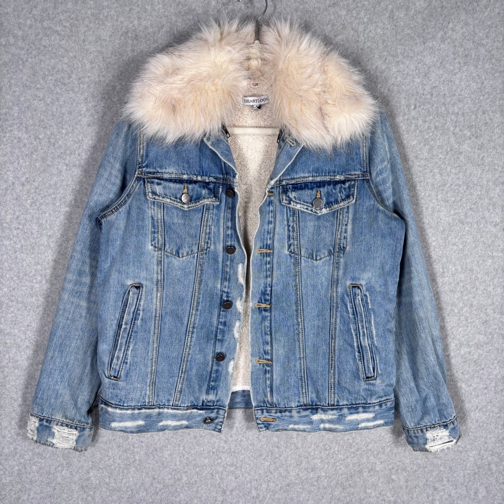 Revolve Heartloom Denim Jean Jacket Small Fur Collar Sherpa Lined Distressed